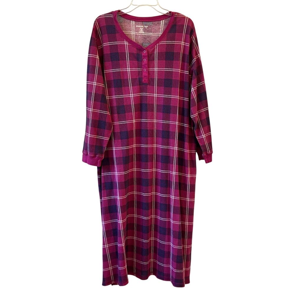 Dreams & Co. Plaid Thermal Henley Nightgown Size 1X 22/34 Pink Purple
